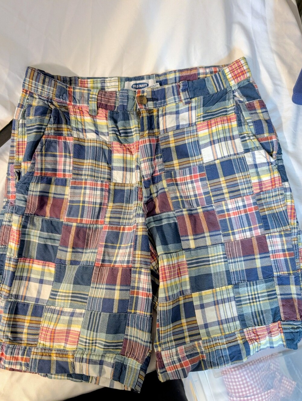 Old Navy Men's Patchwork Plaid Shorts in Blue, Red, Yellow 32 Waist Good